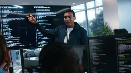 Indian Software Developer Manager Leader presenting Coding Software development application Project, Briefing solution to Programmer Team in Co working Office Space. Tech and artificial intelligence. - Powered by Adobe