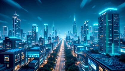 Obraz premium Futuristic Green Energy City Skyline at Night Cinematic 16:9