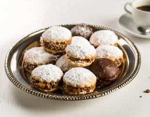 Assorted Sweet Cookies on Silver Plate with Coffee.