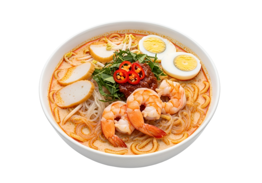 Deliciously Prepared Shrimp Ramen Noodle Soup with Boiled Eggs and Fresh Vegetables