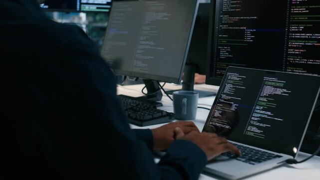Software Developer working on laptop computer write code, Ai Prompt Software development Application in office. Professional Computer Programmer typing on keyboard with code on monitor screen