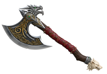 Detailed fantasy axe with dragon motif featuring ornate patterns and a carved handle against a