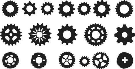 Collection of 18 black gear icons, mechanical cogwheels, industrial machinery parts, technology symbols, vector illustrations, isolated on white background