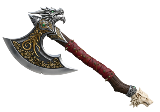 Detailed fantasy axe with dragon motif featuring ornate patterns and a carved handle against a