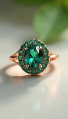 Fototapeta premium Oval sapphire & green gemstone rose gold ring Elegant design , accessory, wedding ring, green gemstone