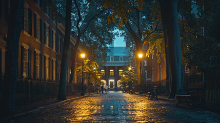 Independence Hall in Philadelphia during a summer evening, softly lit brick facade, families walking past, living history and national foundation.