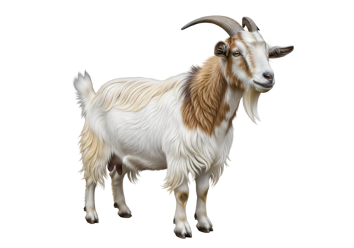 Detailed image of a white and brown goat with curved horns standing against a black background