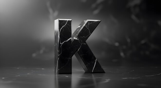 Elegant 3D render of the letter K crafted from black cracked marble. A sophisticated and powerful typographic element with dramatic lighting.