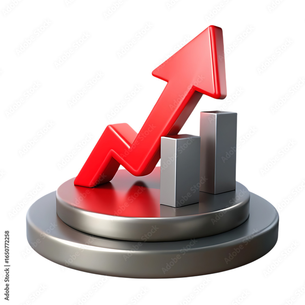 Poster red arrow graph showing upward trend on metallic base isolated on transparent background