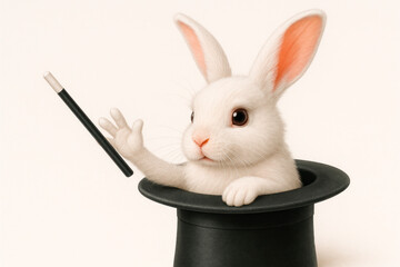 A white rabbit wearing a magician's hat with a magic wand. Space for text.