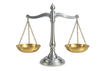 Balanced silver-gold scale representing legal fairness, weighing justice principles against transparent backdrop for professional conceptual design