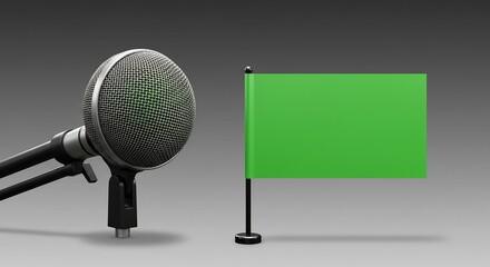 Microphone and Green Flag on Gray Background for Audio or Event Presentation