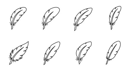 Set of eight hand drawn feather illustrations in black and white © MALA