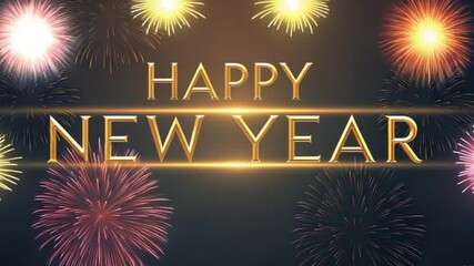 Bold gold lettering HAPYNEWYEAR surrounded by colorful fireworks on a dark background Happy New Year 4k video download - Powered by Adobe