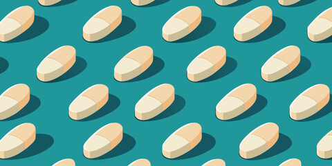 Seamless pattern of light beige oval pills on a teal background