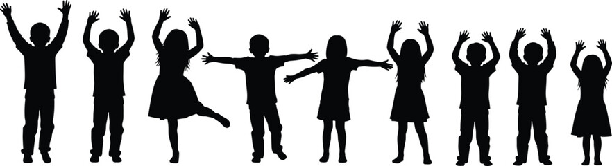Silhouettes of playful children raising arms in various poses, black vector illustration on white background, energetic kids group design template