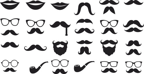 Collection of black silhouette lips, mustaches, glasses, pipes, and beard icons, vintage style, facial hair, accessories, vector design