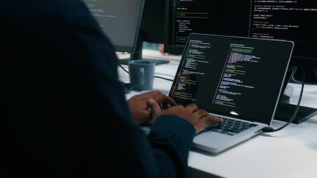 Software Developer working on laptop computer write code, Ai Prompt Software development Application in office. Professional Computer Programmer typing on keyboard with code on monitor screen - Powered by Adobe