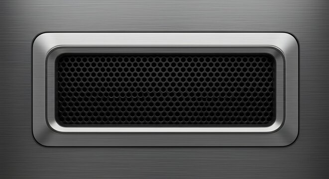 A modern metallic design with a brushed metal texture and a perforated mesh detail.