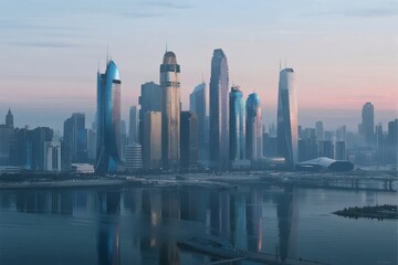 Obraz premium Modern City Skyline with Reflective Waterfront at Dusk
