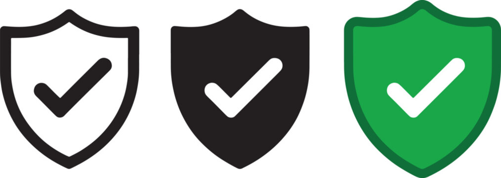 Shield icons with checkmarks in outline black and green filled versions security protection