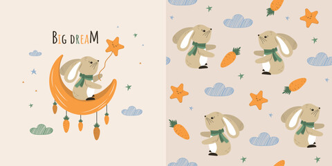 Children's background and seamless pattern with a funny rabbit holding a star. Vector design for fabric, wallpaper, wrapping paper, and more.