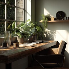 Fototapeta premium Quiet office setup with minimal objects, wood tabletop, and greenery