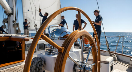 Close-up of a polished yacht helm with chrome details, crew working, deep blue ocean.
