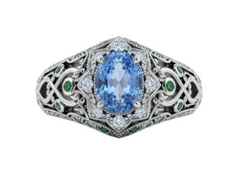 Elegant Art Deco Style Ring Featuring a Central Blue Oval Sapphire and Intricate Silver Detailing