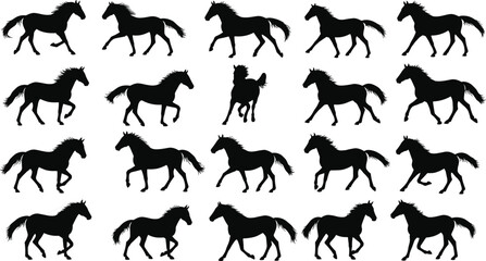 Collection of horse silhouettes in various running and walking poses, wild animals, dynamic motion, equine shapes, black outlines on white background