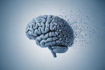 Stunning conceptual art of a brain fragmenting, representing memory loss, Alzheimer's, or cognitive decline in a modern and visually striking way