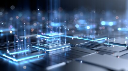 Hyper-realistic 3D digital background with cool blue neon, glossy metallic textures, and holographic AI data visualizations, ideal for technology and corporate media applications.