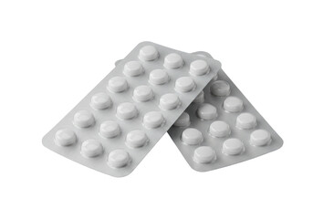Photorealistic flat lay of two silver foil blister packs with white round pills, one overlapping, on a transparent background with soft illumination. Concept of pharmaceutical reliability and