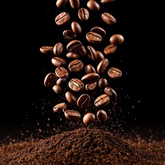 Obraz premium Coffee beans falling above ground coffee on dark background 