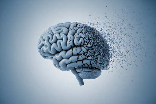 Stunning conceptual art of a brain fragmenting, representing memory loss, Alzheimer's, or cognitive decline in a modern and visually striking way