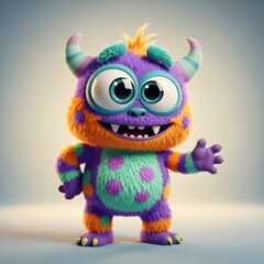 Obraz premium Cute fluffy monster with big eyes waving a hand. Cartoon creature with horns for children's designs, Halloween.