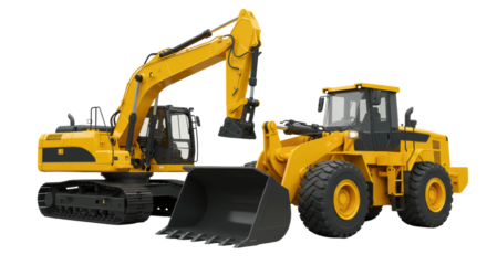 A powerful yellow excavator and massive yellow wheel loader, meticulously detailed, static in a professional studio on a transparent background, Concept of construction and engineering progress