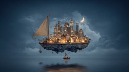 Fototapeta premium Floating Island Cityscape with Sailboat Over Water