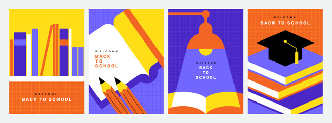 Colorful back to school posters or banners set with books. Vertical background for education design concept.