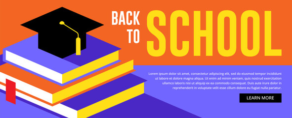 Wide banner with stack of books and mortarboard for back to school or educational design concept.