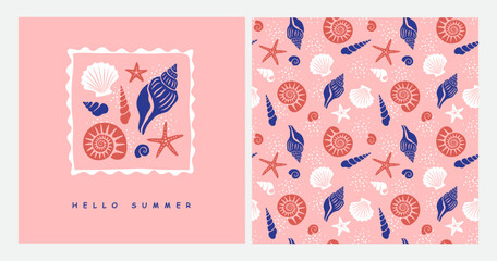 Seamless pattern with seashells of different shapes. Banner or greeting card design with sea shells.