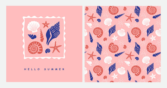 Seamless pattern with seashells of different shapes. Banner or greeting card design with sea shells.