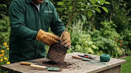 A Gardener Untangling Tree Roots with Green String on Rustic Wooden Table Surrounded by Gardening Tools and Lush Greenery Symbolizing Nurturing and Dedication to Cultivation and Earth Day