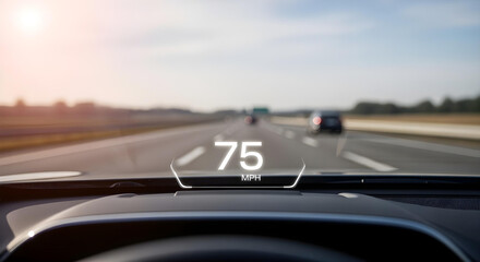 Driver’s view of a modern car’s HUD, speed displayed on windshield, highway ahead.
