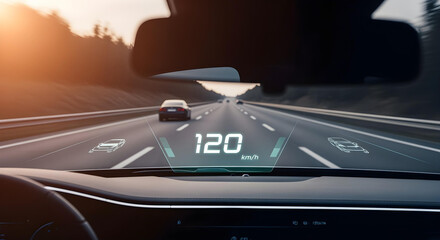 Driver’s view of a modern car’s HUD, speed displayed on windshield, highway ahead.

