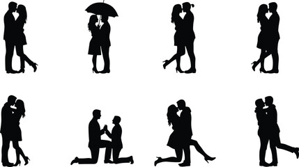 Romantic couple kissing silhouette, love pose vector, gay proposal design, umbrella romance art, engagement illustration, passion moment, dating concept