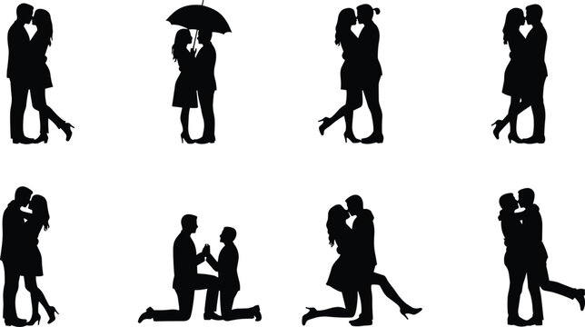 Romantic couple kissing silhouette, love pose vector, gay proposal design, umbrella romance art, engagement illustration, passion moment, dating concept - Powered by Adobe