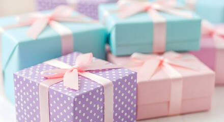 Obraz premium Stack of pastel colored gift boxes with ribbons presents