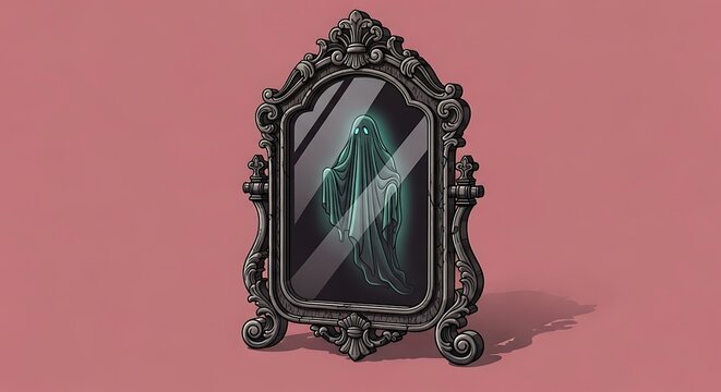 A ghost reflection inside an ornate vintage mirror standing against a solid pink colored background