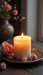 Softly glowing candle surrounded by elegant decor, ambiance, candle, elegance